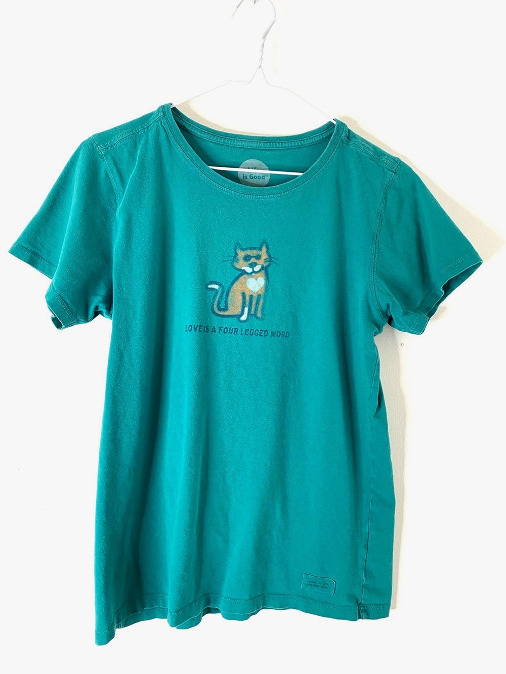 Life Is Good Cat Graphic Tee Aqua Green Classic Fit